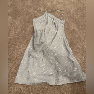 Cross neck light blue floral embroidered dress